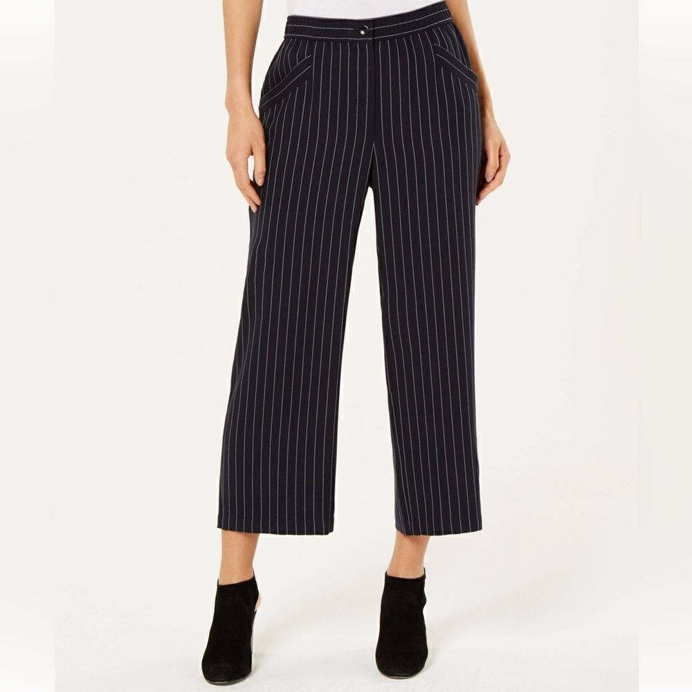 Eileen Fisher Pants Womenโs Large Navy &โ White Pinstripe PullโOn Wide Leg Crop
